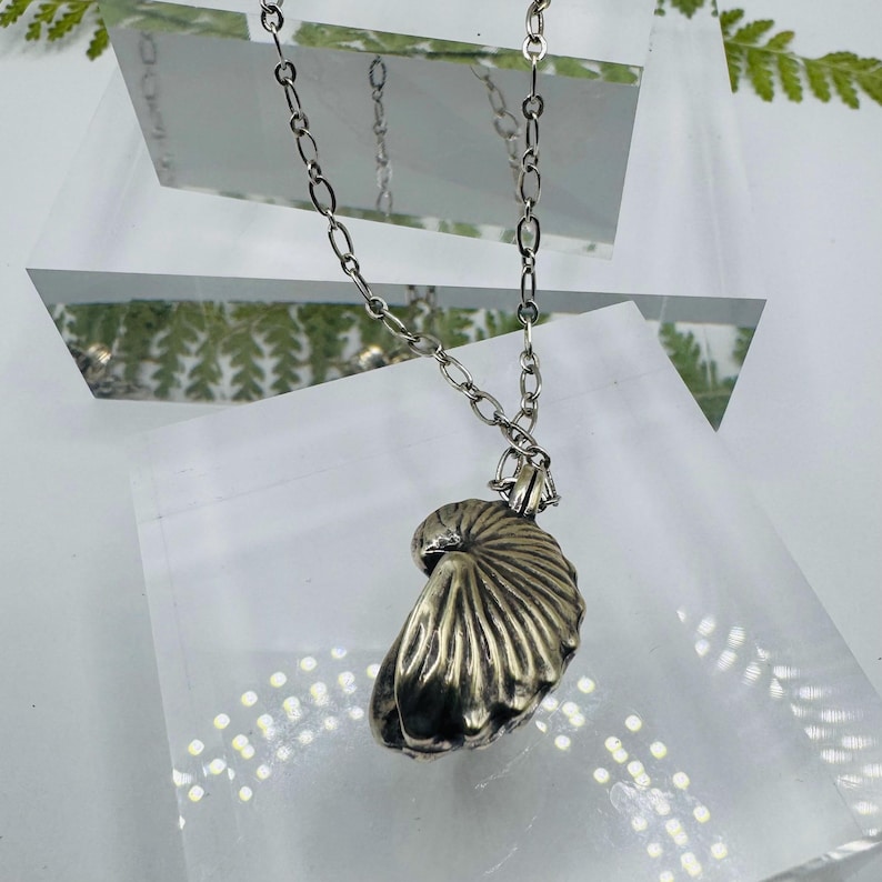 May include: A silver-toned necklace featuring a pendant shaped like a nautilus shell with detailed ridges and a metallic finish. The pendant hangs from a delicate silver-toned chain with oval-shaped links, showcasing a polished and reflective surface.