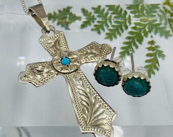 Turquoise and Sterling Silver Cross Pendant & Stud Earrings | Southwestern Jewelry Set | Hand Stamped Cross | Sterling Silver Box Chain