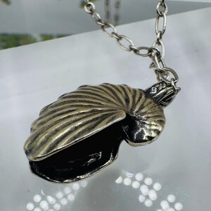 May include: A silver-toned metal pendant shaped like a nautilus shell, featuring deep ridges and a dark, oxidized finish. The pendant is attached to a silver-toned chain link necklace and includes a small, clear, sparkling stone accent near the top.