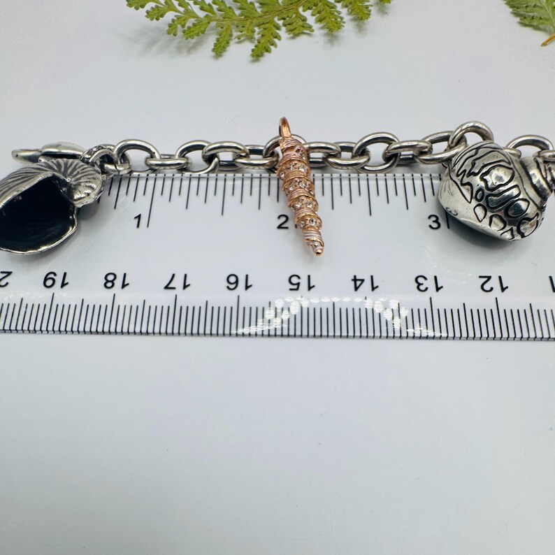 May include: A silver-toned metal chain bracelet featuring three distinct charms: a dark nautilus shell, a central rose gold-toned spiral shell, and a patterned round shell. A ruler is positioned beneath the charms, showing a length of 20 cm.