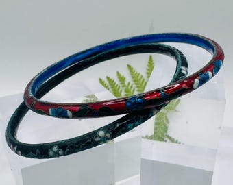 Chinese Vintage Cloisonne Enamel Floral Bangle Bracelets | Set of 2 Thin Stacking Red and Black Stacking Bands
