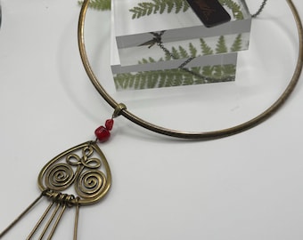 Laurel Burch Golden Gate Necklace | New with Tags | Gold Plated Brass Collar Choker with Red Beads | Retrospective Collection Statement
