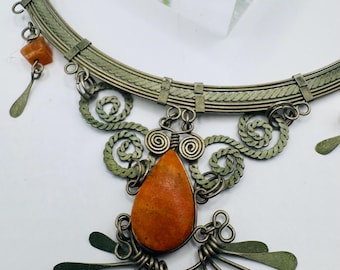Bohemian Statement Necklace with Orange Stone Pendant | Artisan Wearable Art Necklace | Tribal Fusion Jewelry | Festival Statement Piece