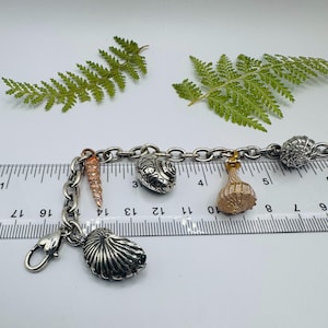 May include: A silver-toned chain bracelet featuring multiple seashell-shaped charms in silver, copper, and gold tones. The bracelet is positioned along a clear plastic ruler showing measurements in centimetres, with the charms spanning from 6 to 15 centimetres.