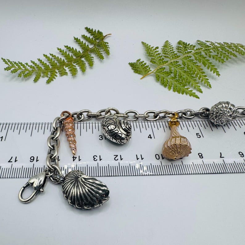 May include: A silver-toned chain bracelet featuring multiple seashell-shaped charms in silver, copper, and gold tones. The bracelet is positioned along a clear plastic ruler showing measurements in centimetres, with the charms spanning from 6 to 15 centimetres.