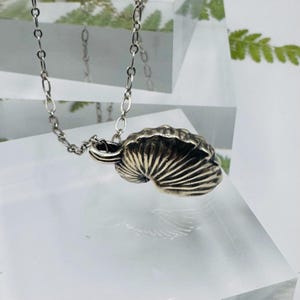 May include: A silver-toned metal pendant shaped like a nautilus shell, featuring deep, radiating grooves and a textured surface. The pendant is attached to a delicate, thin silver-toned metal chain with oval-shaped links, creating a cohesive piece.