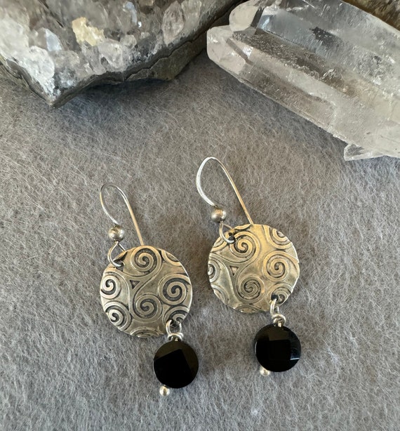 Sterling Silver Dangle Pierced Earrings with Blac… - image 1