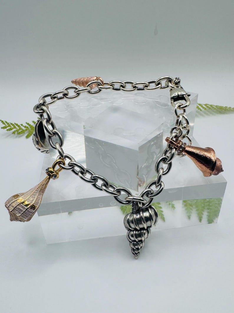 May include: A silver chain link bracelet featuring multiple seashell charms in various metallic finishes, including polished silver, copper, and gold tones. The charms are suspended from the circular links, which are secured with a lobster clasp.