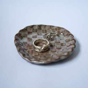 Handmade Checkered Pottery Ring Dish, Small Wedding Gift