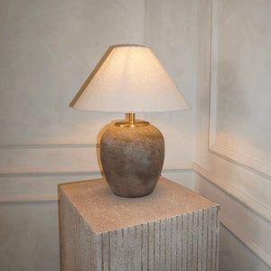 Rustic Ceramic Table Lamp with Neutral Fabric Shade - Handcrafted Artisanal Home Decor Lighting