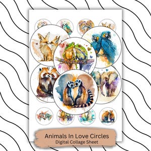 Pode incluir: Uma folha de colagem digital com ilustrações em aquarela de vários animais em pares, incluindo raposas, rãs, papagaios e lêmures. O título "Animals In Love Circles" é exibido na parte inferior.