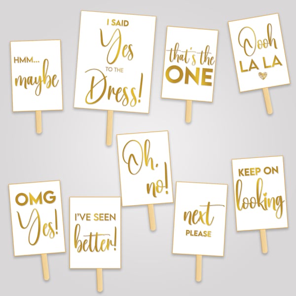 Printable Say Yes To The Dress Golden Signs, Wedding Dress, Dress Shopping, Wedding Paddles, Signs, Dress Paddles, Dress Game, Digital Files