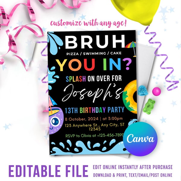 Editable BRUH Birthday Invite Template, Cool Boy Pool  BDAY Party Invitation, Bruh Its My Birthday Invitation, Teenage Swimming Party Invite