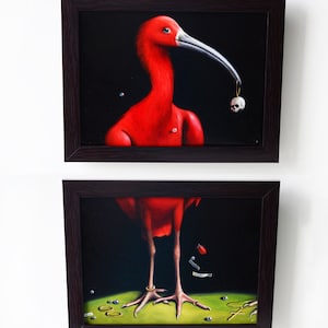 TWO PAINTINGS, Vanitas Bird, red bird with memento mori, vanitas jewelry, animal household spirit, original framed oil painting on canvas