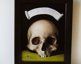 Memento Mori With Forget Me Nots, perle, citation, art drôle, vanité, peinture, fleur, esprit domestique, peinture à l'huile originale sur toile, encadré