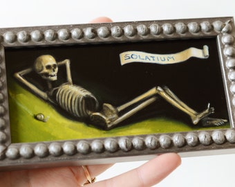 Consolation, skeleton with snail and Latin, memento mori, funny, vanitas painting household spirit, Original oil painting on canvas, FRAMED
