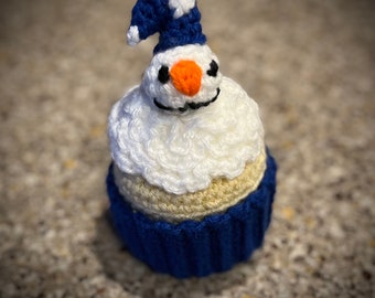 Crochet Snowman Cupcake: Amigurumi play food, fun gift, or home decor