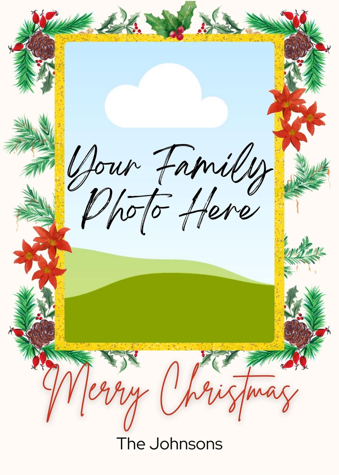 Watercolor Christmas Card Template, Photo Merry Christmas Card, Holiday