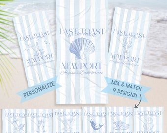 May include: Nine different designs for beach towels with a blue and white striped background. Each towel features a different nautical design and the text "Last Toast on the Coast" and "Newport, Alyssa's Bachelorette".