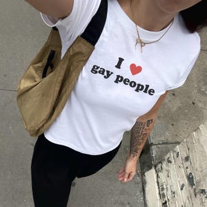 I Love Gay People Crop Top, y2k aesthetic, retro 90s fashion graphic tshirt, ally shirt, LGBTQ funny pride baby tee, bi baddie, lesbian