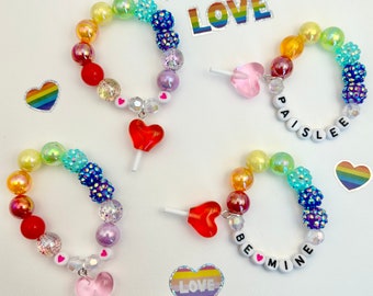 Rainbow Valentines Heart Charm Bracelet, Personalized, Kids Bracelet, Girl Bracelet, Toddler Bracelet, Valentine Gift.