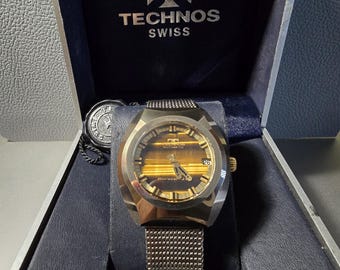 Vintage Automatic watch Technos Borazon-G , made in Swiss , dial made of natural tiger&#39;s eye stone , 25 jewels