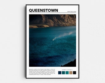 Póster de viaje de Queenstown, Nueva Zelanda, impresión artística sobre el lago y las montañas