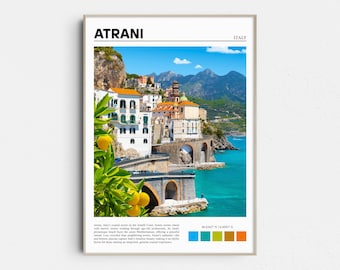 Impresión de la costa de Amalfi, día soleado en Atrani, Italia, póster de viaje, póster de playa italiana, decoración de pared de verano italiano, decoración del hogar, arte para la sala de estar