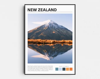 Impresión de arte del Monte Taranaki Nueva Zelanda, cartel de viaje del lago Pukaki