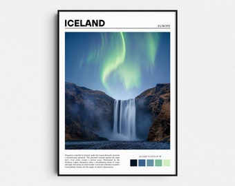 Impresión de Islandia, Póster de cascada de Islandia, Arte mural de Islandia, Impresión artística de Islandia, Foto de Islandia, Aurora boreal, Regalo de viaje, Decoración del hogar