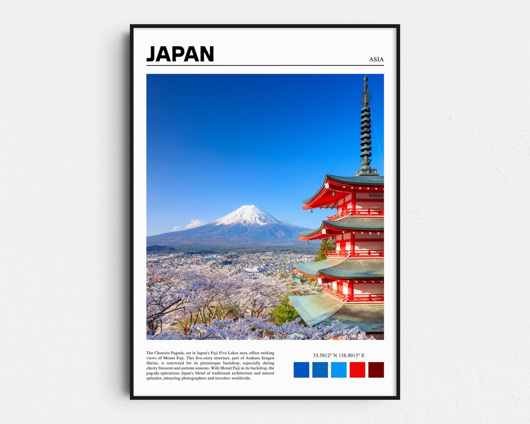 Japan Print, Japan Wall Art, Mt Fuji, Chureito Pagoda, Cherry Blossoms