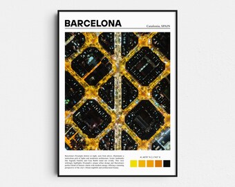 Fotografía aérea nocturna de Barcelona, lámina de arte de viajes por España.