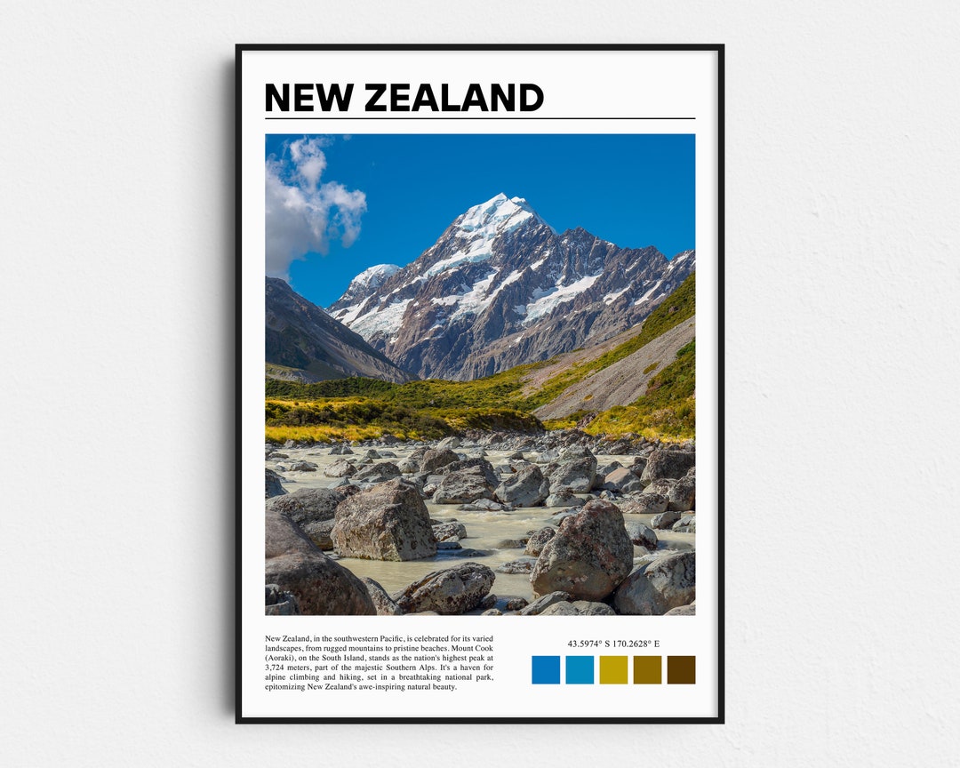 New Zealand Art Print, Aoraki Mount Cook, Travel Poster, New Zealand