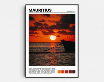Póster de viaje a Mauricio, puesta de sol en el océano Índico, decoración del hogar