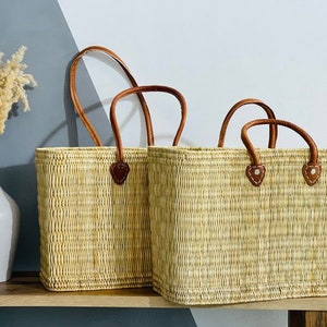 Moroccan straw basket with leather handle, shopping basket, Handmade Bag, Market Bag, Beach Bag