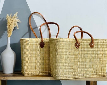 Moroccan straw basket with leather handle, shopping basket, Handmade Bag, Market Bag, Beach Bag