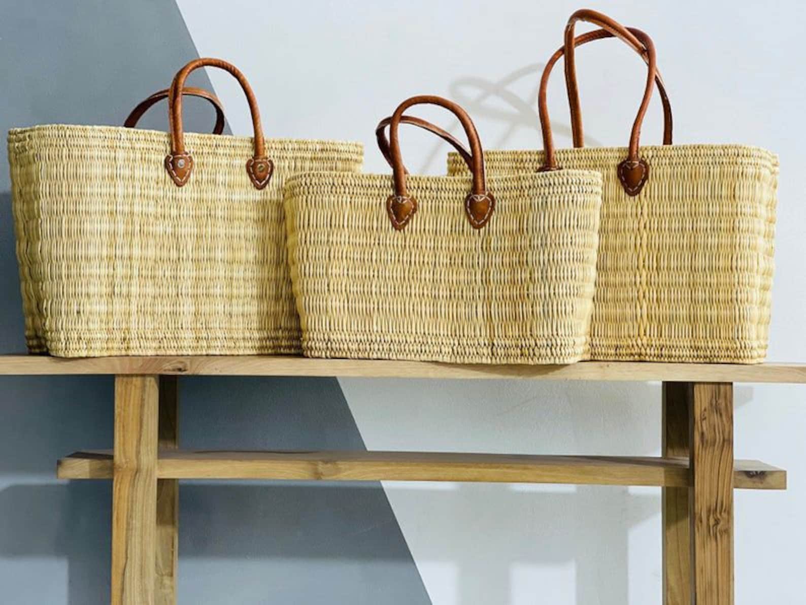 Handmade Large Straw French Baskets With Leather Straps, Straw Basket ...