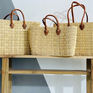 Moroccan Straw Basket With Leather Handle, Straw Beach Bag, Grocery Handbag, Shopping Basket
