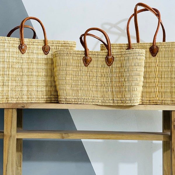 Moroccan Straw Basket With Leather Handle, Straw Beach Bag, Grocery Handbag, Shopping Basket