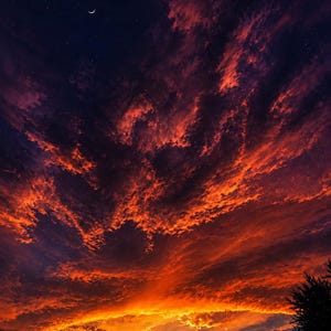 May include: A dramatic sunset with fiery orange and red clouds dominates the sky. The clouds are layered and textured, with hints of purple and dark blue. A crescent moon and stars are visible in the upper portion of the image, with silhouettes of trees at the bottom.
