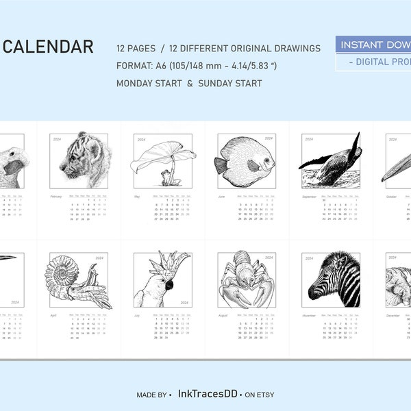 2024 Year Calendar Printable 12 Month Art Calendar 2024 Minimalist Desktop Calendar A6 Pet Animal drawings Calendar Nature 2024 Printable