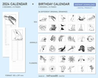 BUNDLE of Printable 2024 Art Calendar and Perpetual Birthday Celebration Calendar, Minimalist nature design, 6 designs x 12 pages, Planners