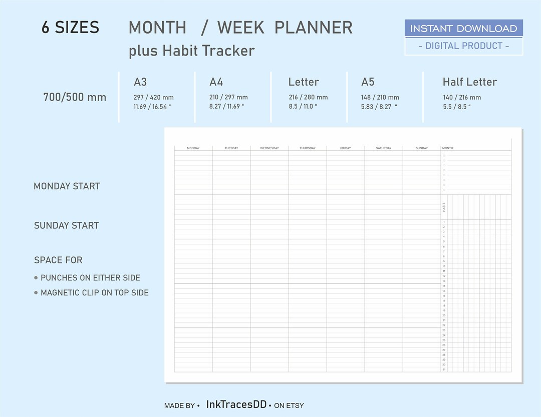 Printable Month Week Planner Minimalist Design Planner Week Instant ...
