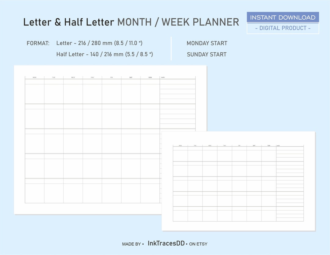 Printable Month Week Planner Minimalist Design Planner Week Instant ...