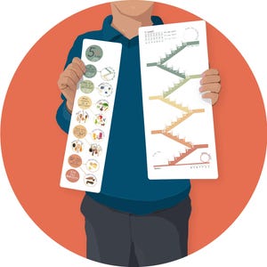 May include: A person holding two charts with information about a 5-a-day fruit and vegetable plan. The chart on the left shows a diagram of different fruits and vegetables with the text "5 A Day" at the top. The chart on the right shows a staircase with numbers from 1 to 35, with the text "Levels" at the top.