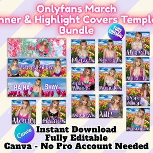 Può includere: Un pacchetto di modelli digitali per Onlyfans March, con banner e copertine in evidenza. Il design include immagini di una donna in varie pose, con testo come "Prizes", "Specials" e "Menu". Il modello è completamente modificabile e scaricabile istantaneamente.