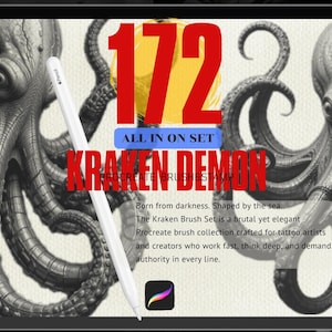 May include: A digital art display on a tablet features a Kraken illustration with a white stylus. The text reads "172 ALL IN ON SET KRAKEN DEMON PROCREATE BRUSHES STAMP". The image includes octopus tentacles and a Procreate app icon.