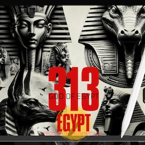 Könnte beinhalten: Eine digitale Illustration von ägyptischen Göttern und Symbolen in Schwarzweiß. Das Bild zeigt einen Pharao, eine Kobra, einen Schakal und ein Nashorn. Der Text "313 GOD OF EGYPT EGYPT" ist rot.