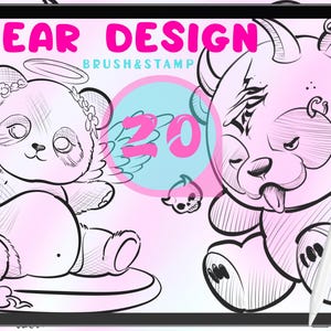 May include: A digital illustration of two bear designs. One bear is an angel with a halo and wings. The other bear is a devil with horns and a tail. The text "BEAR DESIGN" and "BRUSH & STAMP" is at the top of the image.