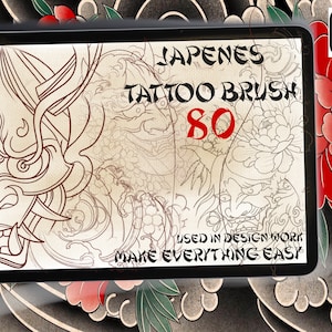 May include: A digital tablet screen displaying a set of 80 Japanese tattoo brushes. The screen shows a black and white illustration of a Japanese demon mask, waves, and flowers. The text "JAPANESE TATTOO BRUSH 80" is displayed in red and black. The text "USED IN DESIGN WORK MAKE EVERYTHING EASY" is displayed in black.